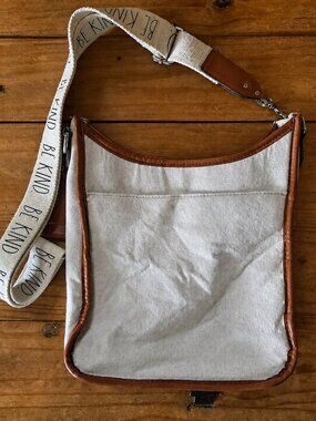BE KIND Rae Dunn Crossbody Shoulder Bag Off White Canvas Tote Brown Trim
